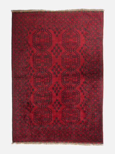 Vintage wool rug · Turkmen · Crimson red & charcoal